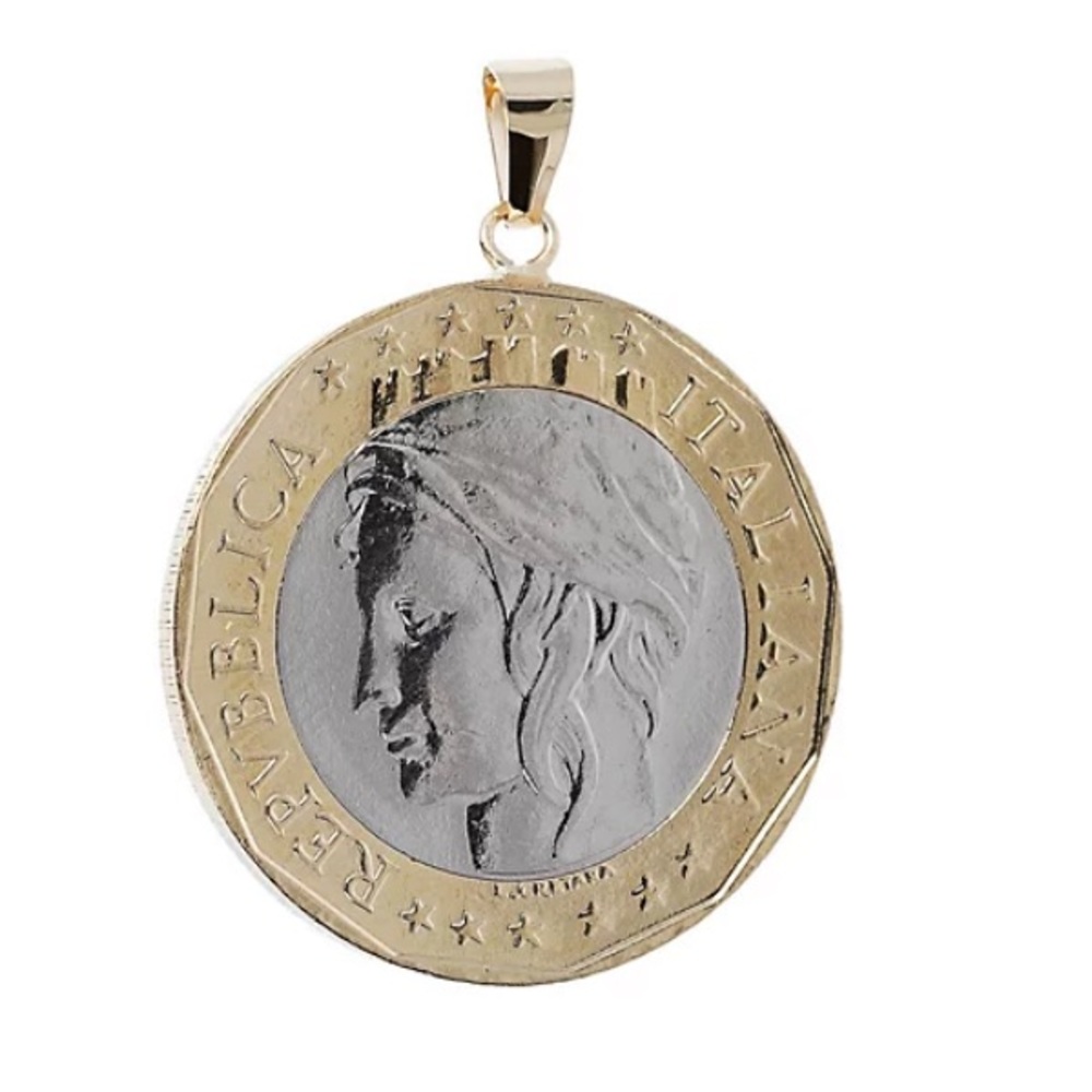 Italian Lira 1000 Coin Pendant with 14K Gold Bale. Made in Italy.